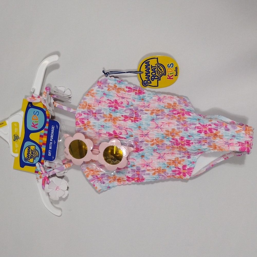 NWT Banana Boat Toddler Girls Daisy Print Smocked Front Swimsuit W/ Ties Size 2T